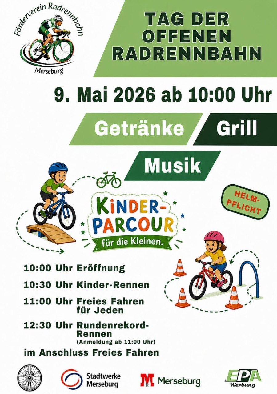 Plakat zum Tag der offenen Radrennbahn am 9. Mai 2026 auf der Radrennbahn Merseburg