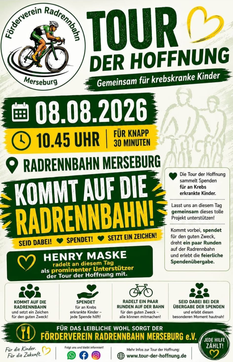 Plakat zur Tour der Hoffnung auf der Radrennbahn Merseburg am 8. August 2026