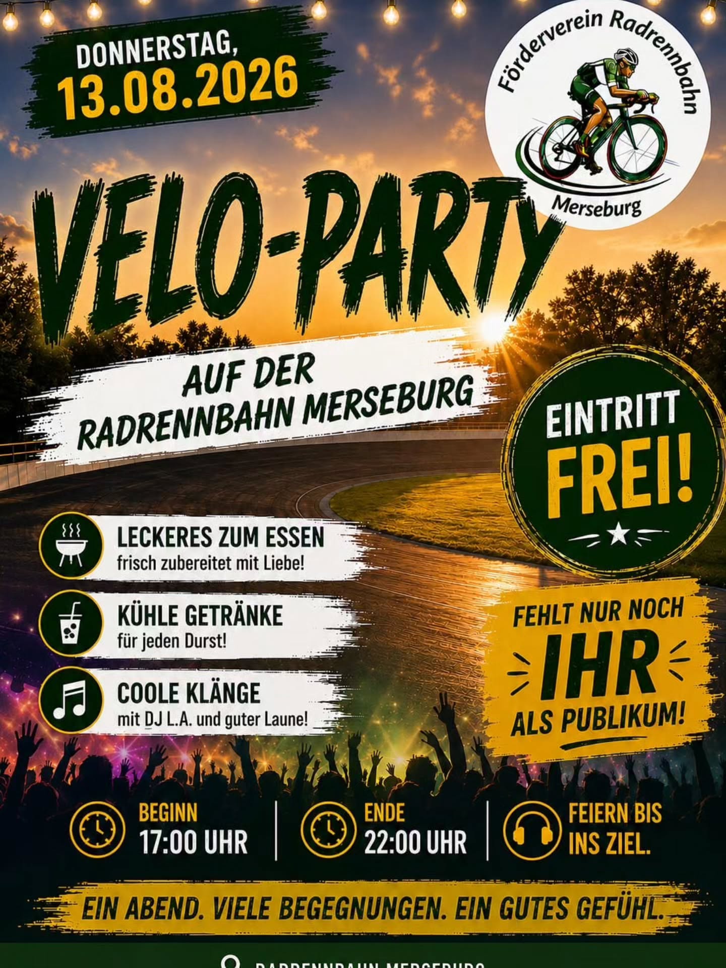Plakat zur Velo-Party auf der Radrennbahn Merseburg am 13. August 2026